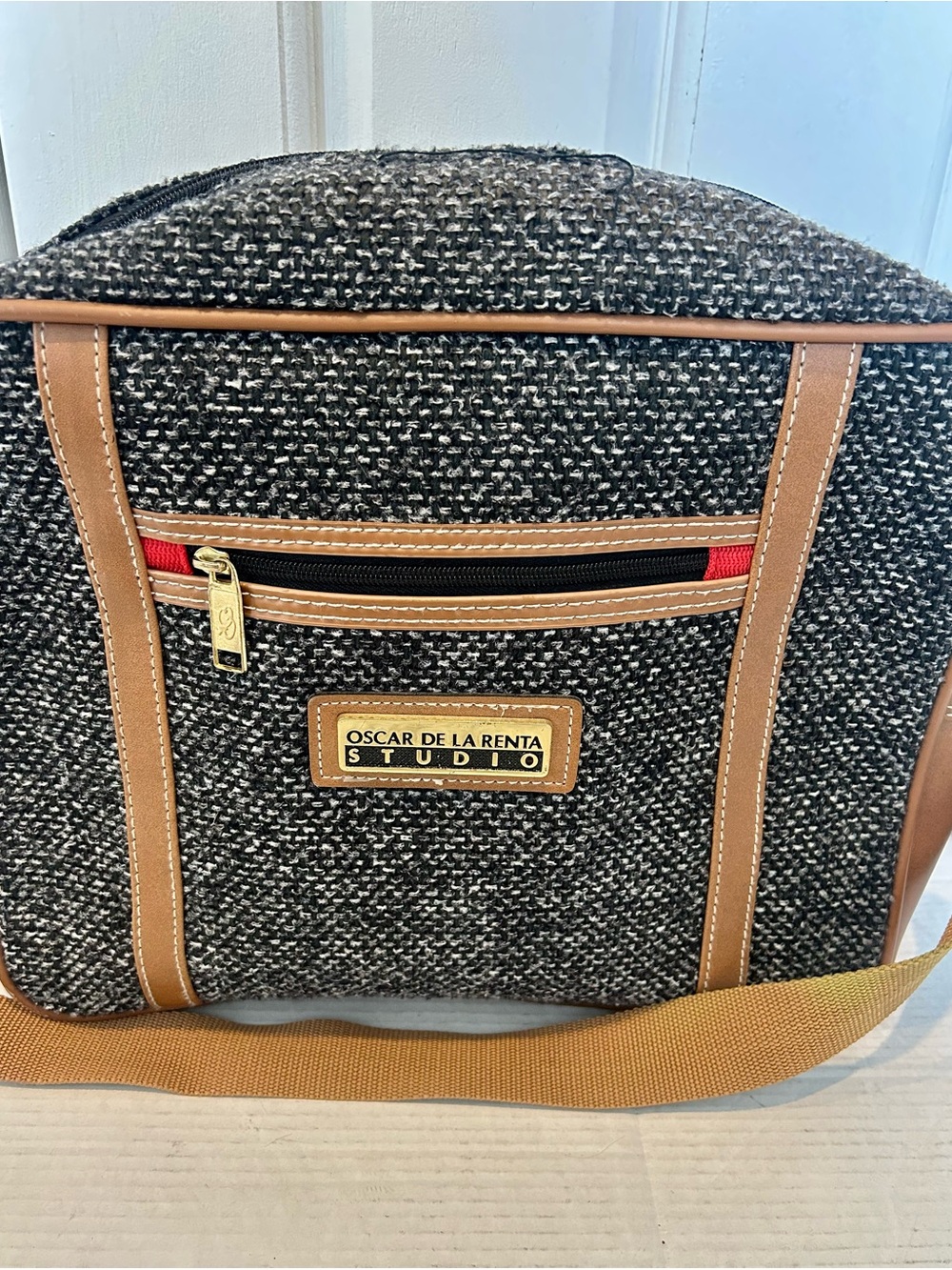 Oscar de la Renta Black Tweed Messenger Bag with Tan Trim and Red Accent